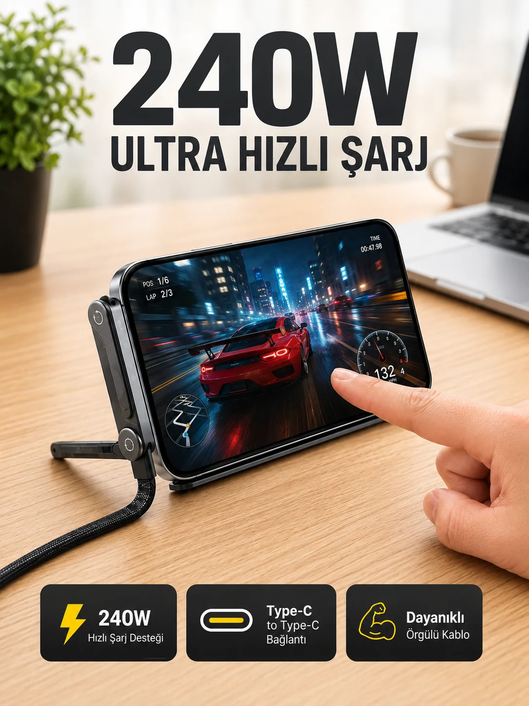 240W Type-C Telefon Standlı Örgülü Şarj ve Data Kablosu