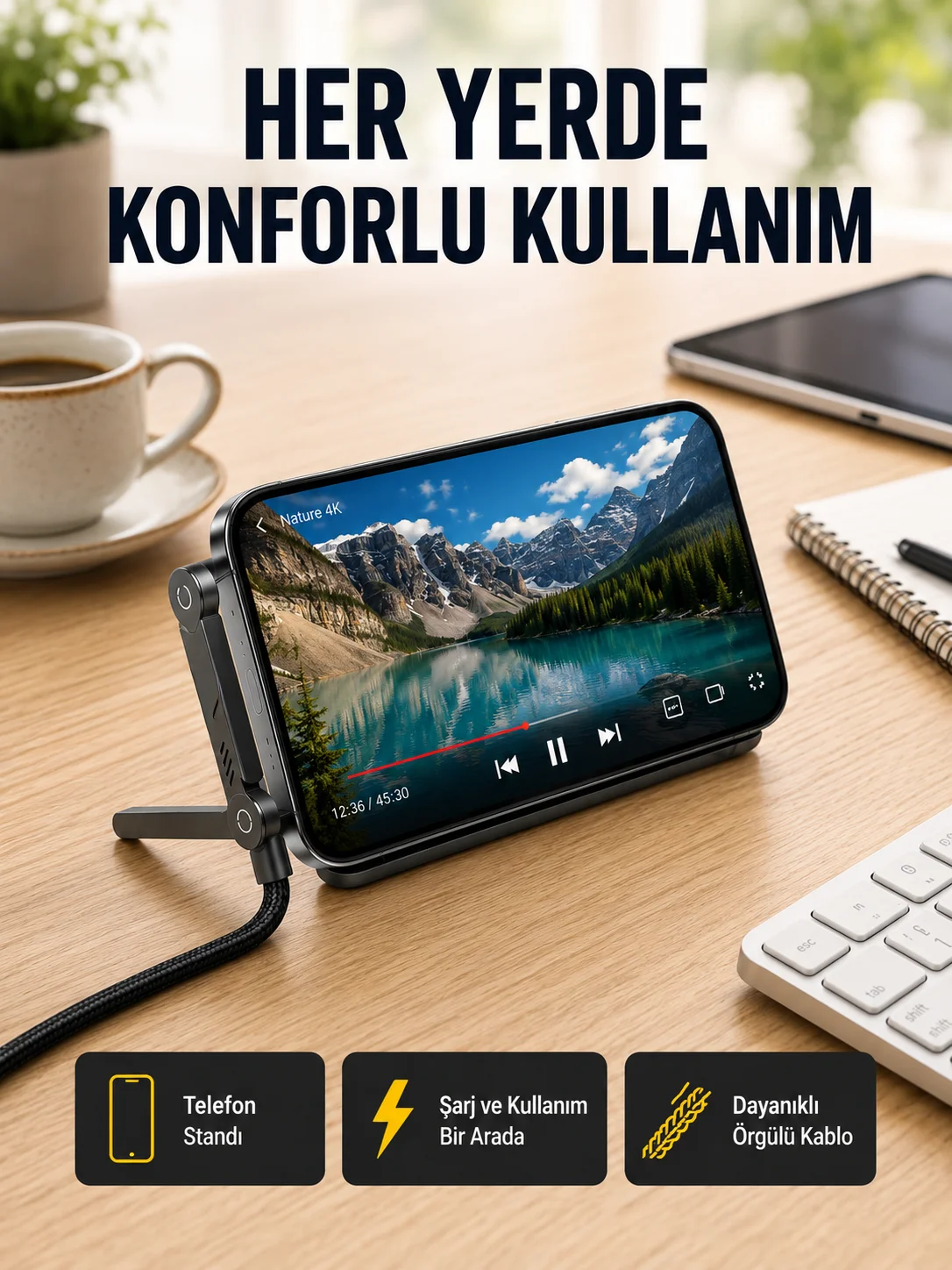 240W Type-C to Type-C Katlanabilir Standlı Hızlı Şarj Kablosu 240W Type-C to Type-C Katlanabilir Standlı Hızlı Şarj Kablosu