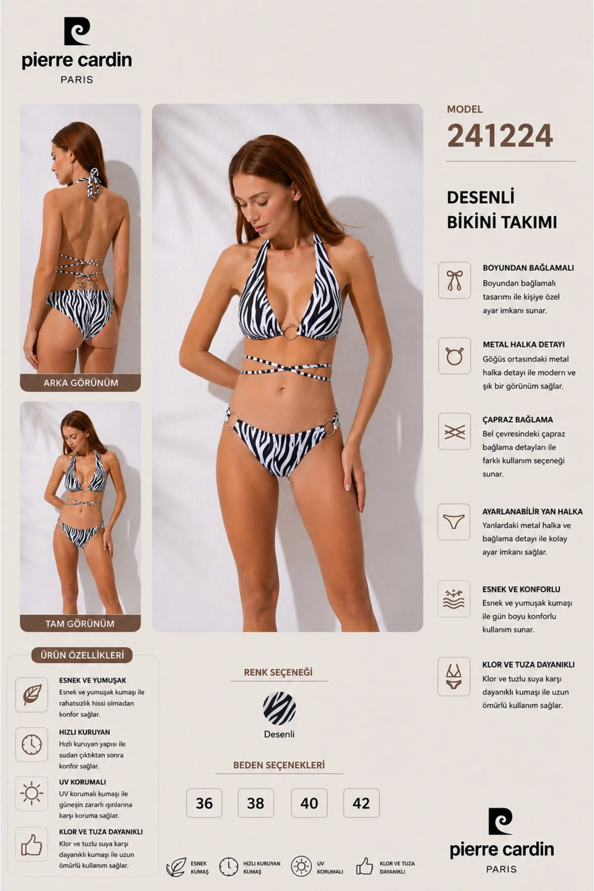 241224 Desenli Aksesuarlı Boyundan Bağlamamlı Uzun Üçgen Bikini Takımı