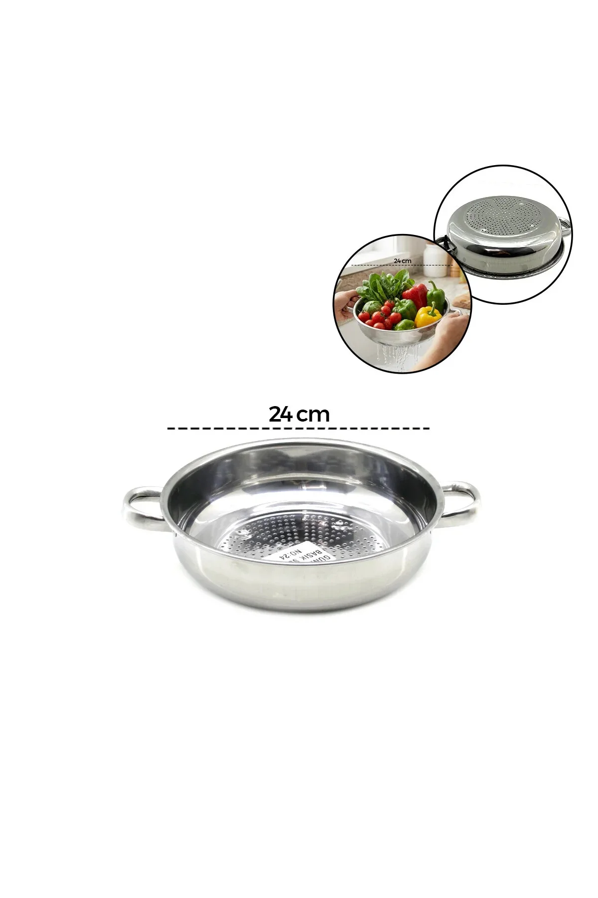24CM Basık Süzek Metal Süzgeç Kulplu