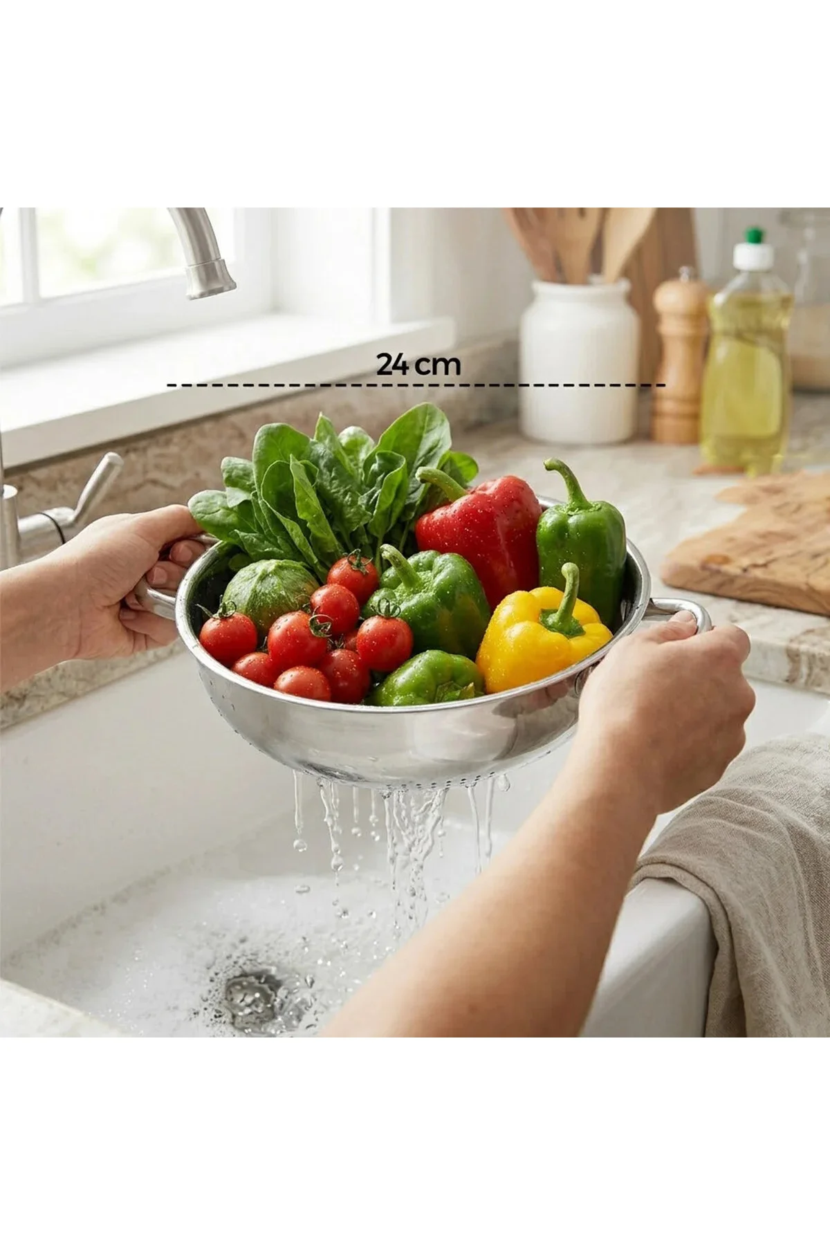 24CM Basık Süzek Metal Süzgeç Kulplu