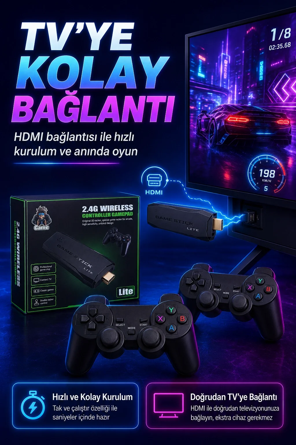 2.4G Kablosuz Gamepadli Mini Oyun Konsolu HDMI Destekli Retro Oyun Cihazı Seti