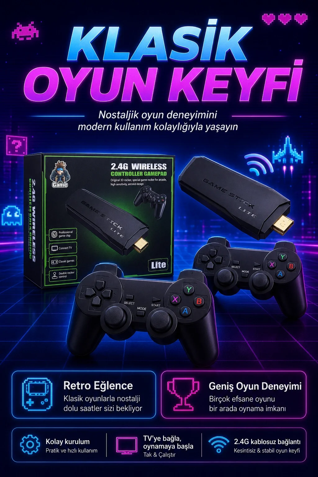 2.4G Kablosuz Gamepadli Mini Oyun Konsolu HDMI Destekli Retro Oyun Cihazı Seti
