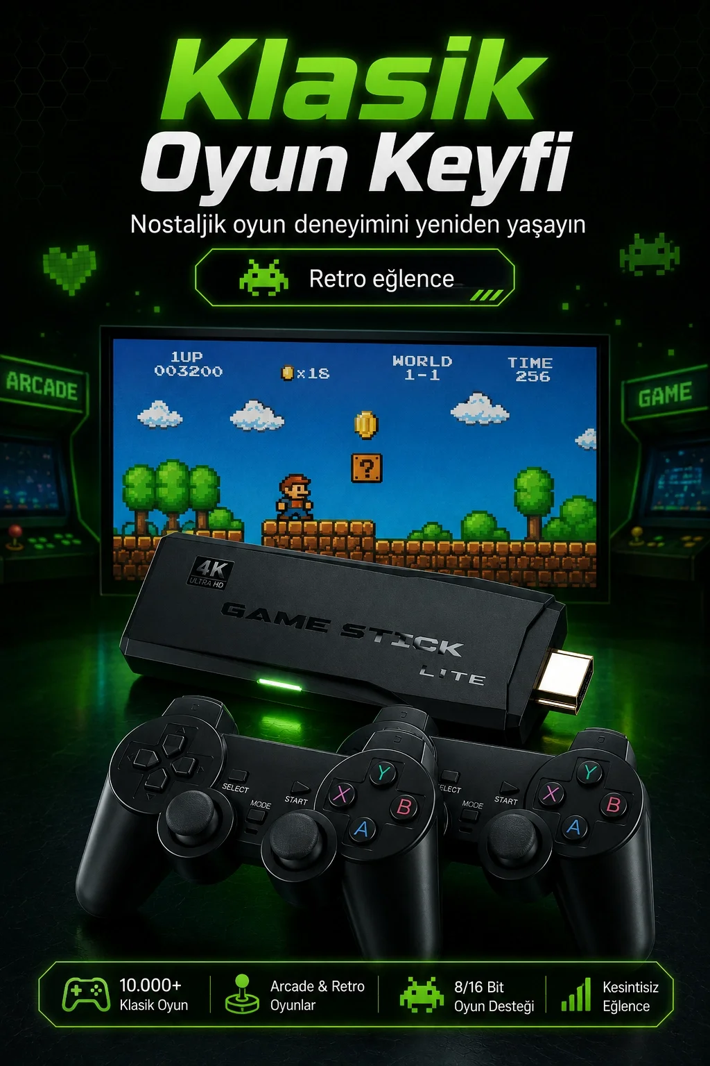 2.4G Kablosuz Oyun Konsolu HDMI TV Bağlantılı Çift Kollu Klasik Oyun Seti