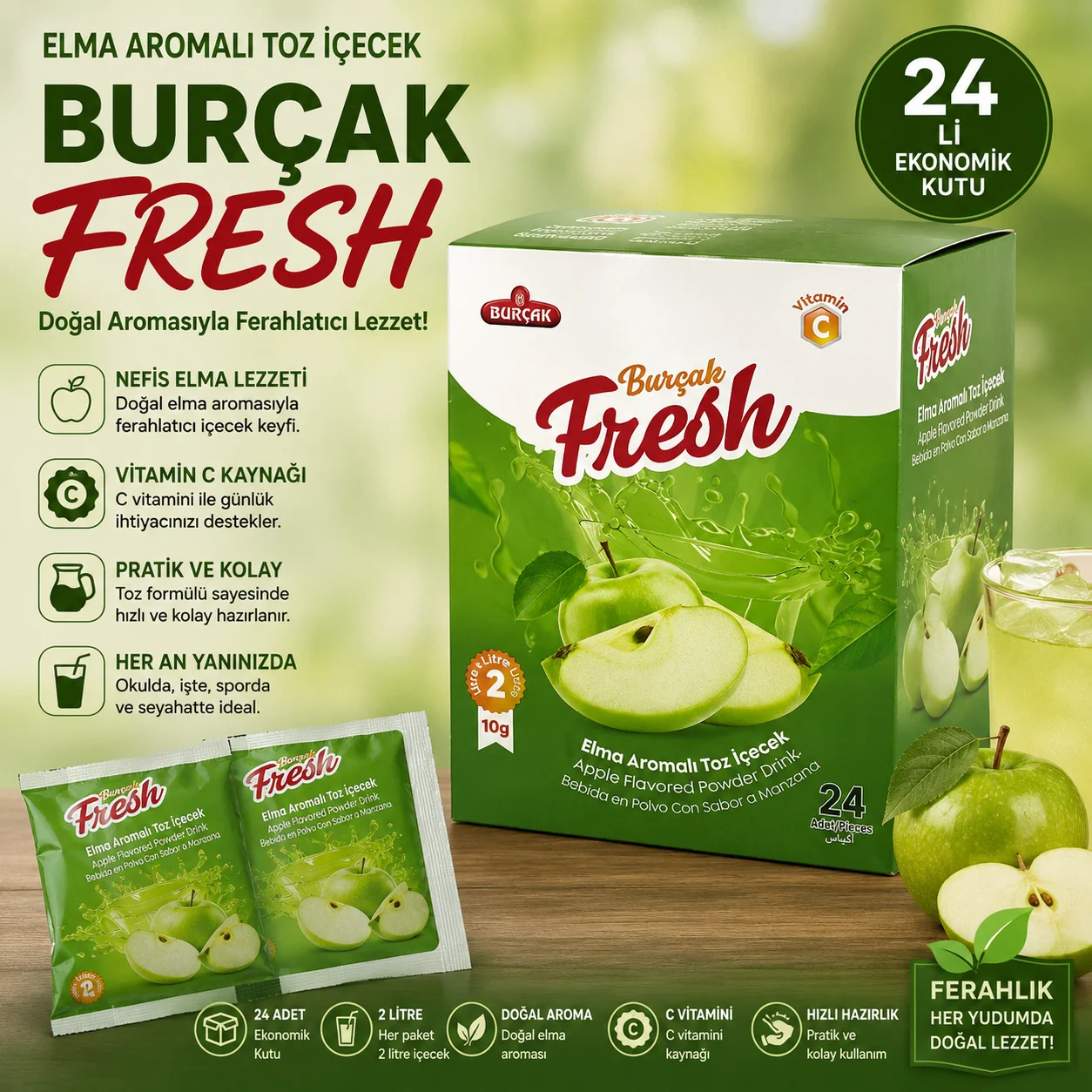 24'lü Elma Aromalı Toz İçecek | C Vitaminli 10 Gr Soğuk İçecek Tozu - Pratik ve Ekonomik