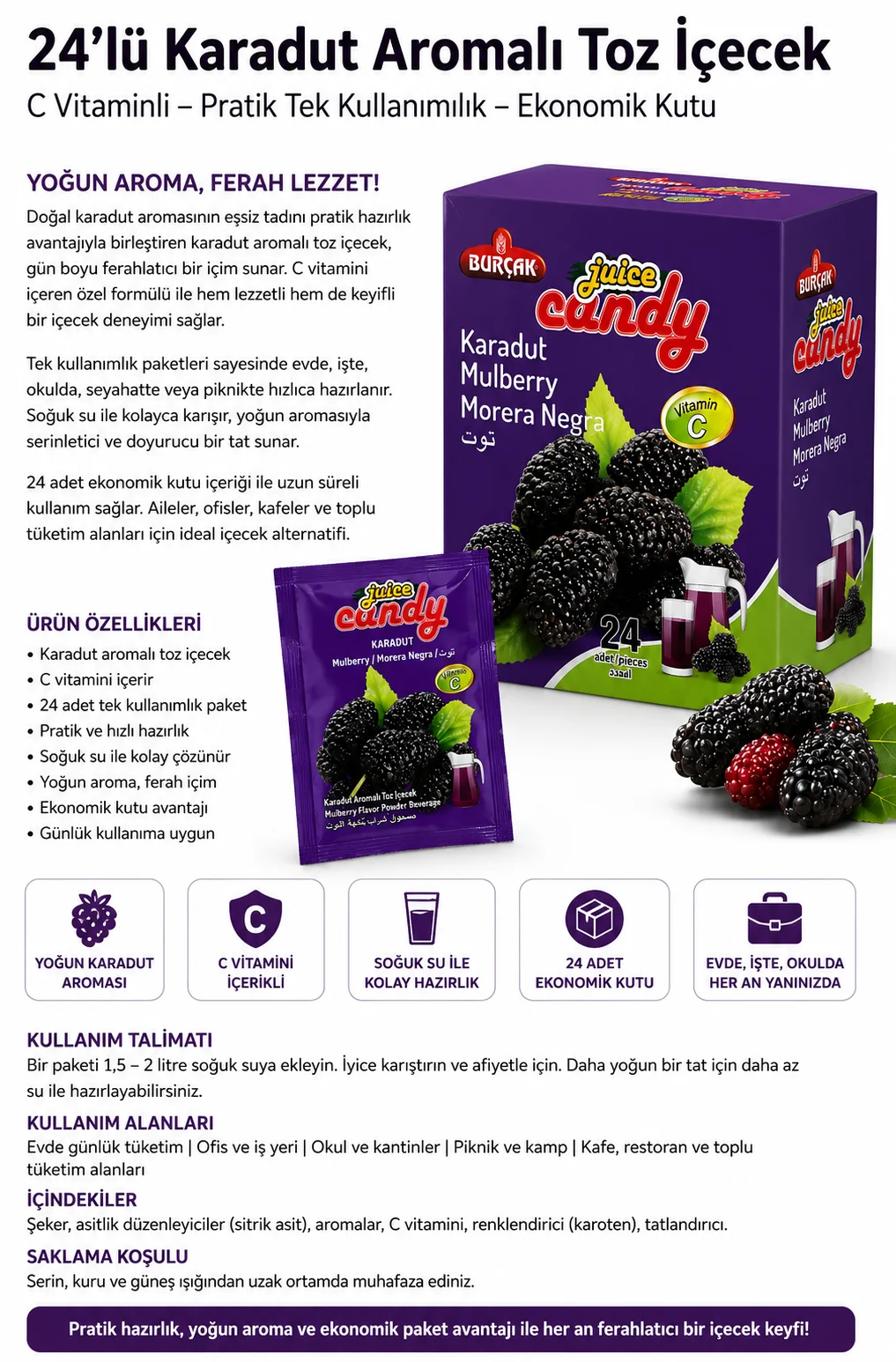 24'lu Karadut Aromalı Toz İçecek – Vitamin C'li Pratik Tek Kullanımlık Soğuk İçecek Tozu