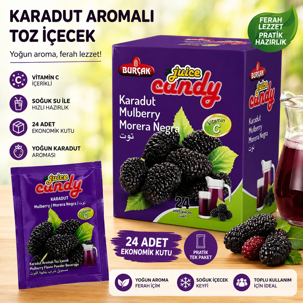 24'lu Karadut Aromalı Toz İçecek – Vitamin C'li Pratik Tek Kullanımlık Soğuk İçecek Tozu
