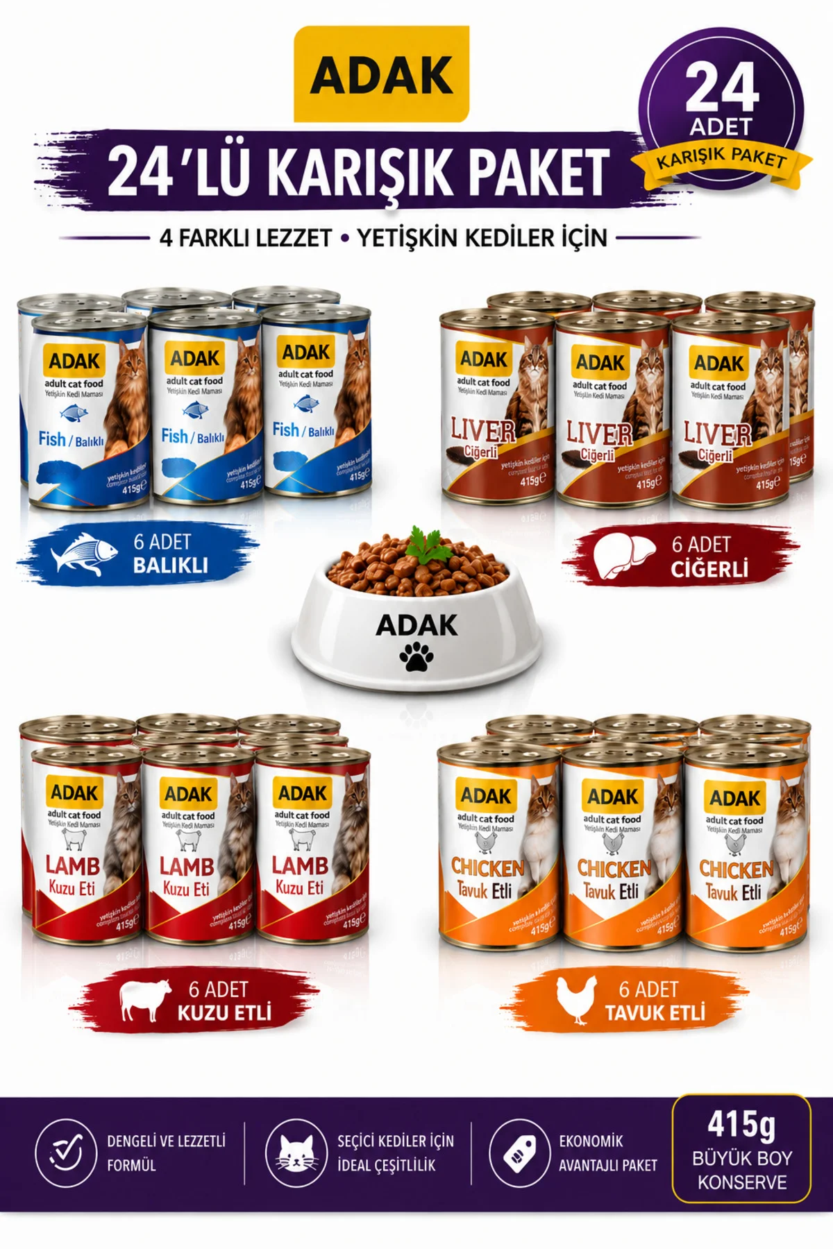 24’lü Karışık Kedi Konservesi 415g Büyük Boy – Yetişkin Kediler İçin Yaş Mama Seti