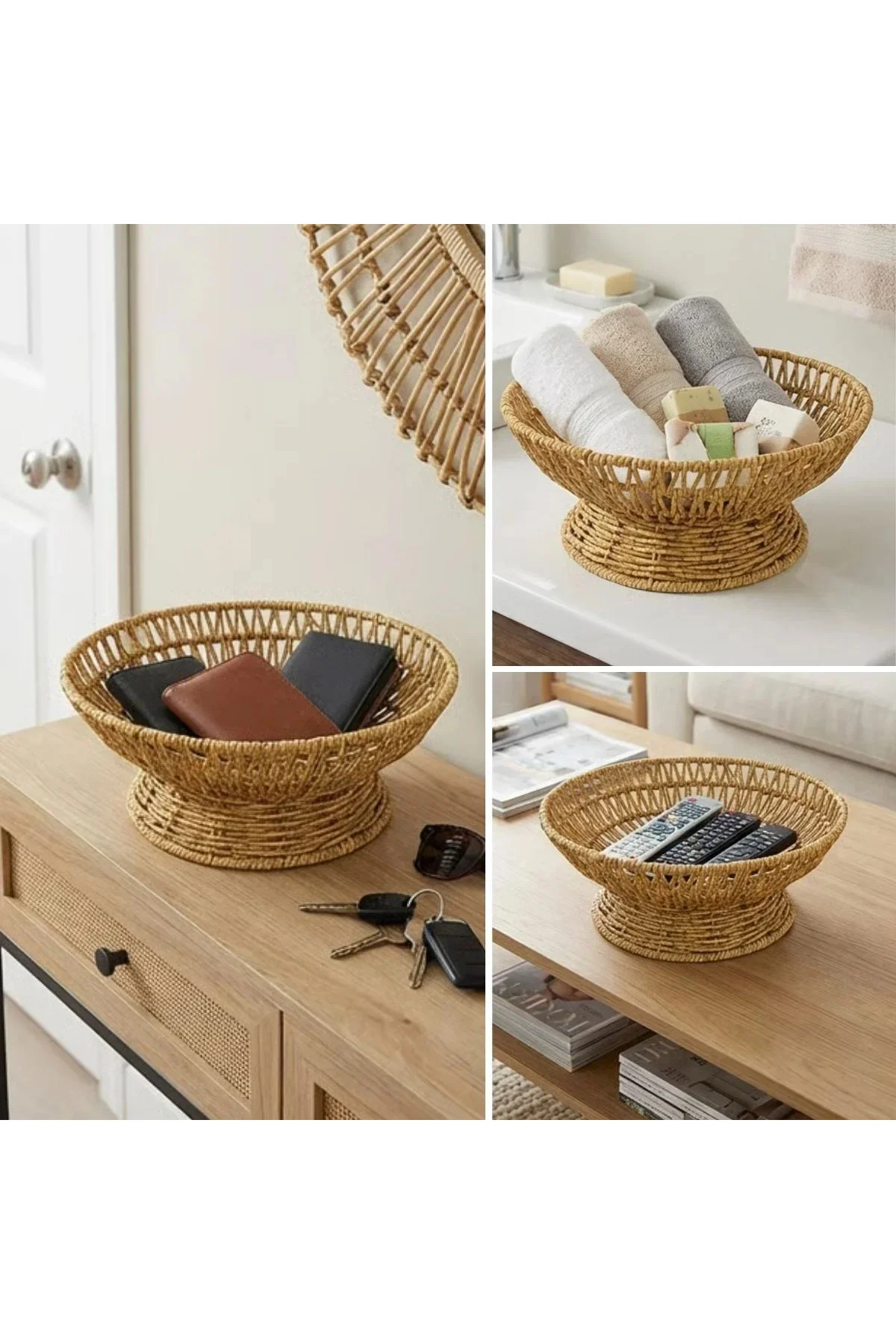 25 cm Plastik Rattan Servis Çanağı – Doğal Hasır Görünümlü Dekoratif Meyve, Ekmek ve Sunum Kasesi