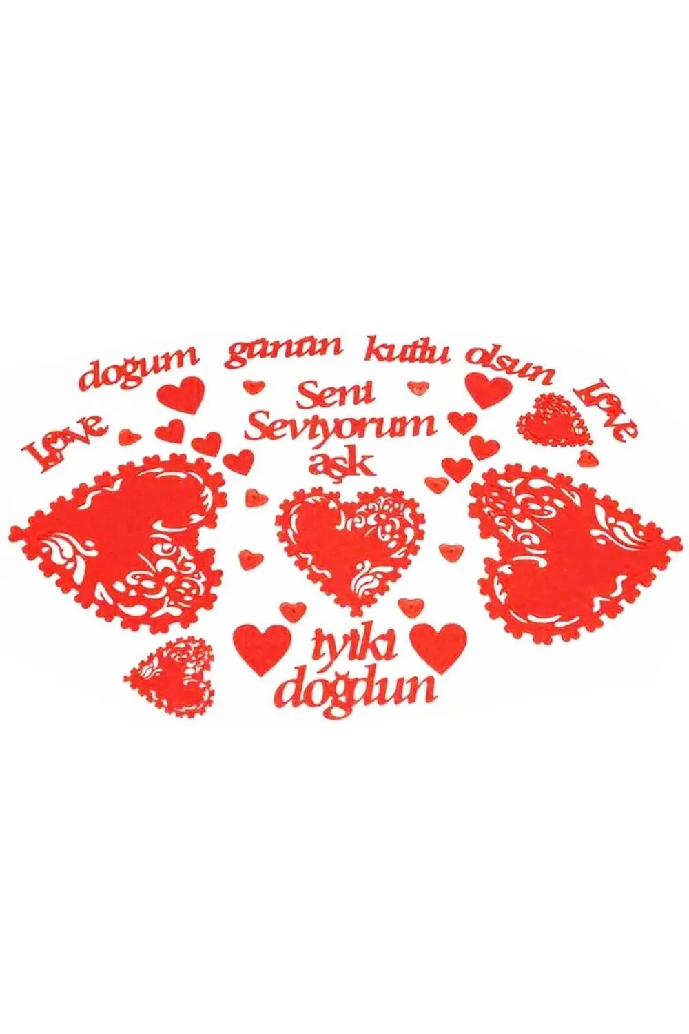 Parti Kırtasiye 25 Parça Romantik Doğum Günü Masa Süslemesi Kırmızı Keçe Seti