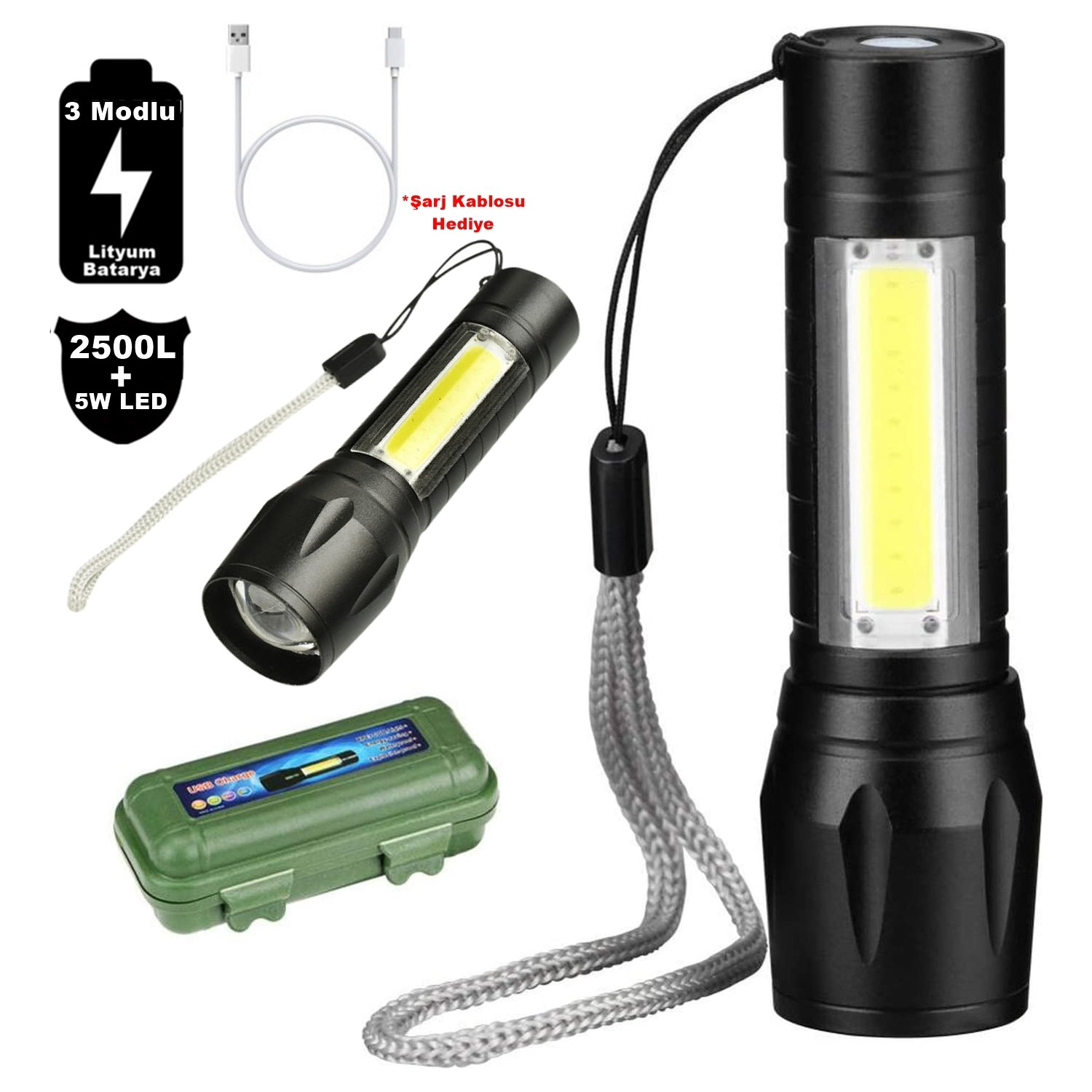 2500 Lumens + 5W COB LED USB Lion Şarjlı Ultra Güçlü Q5 XPE Su Ge