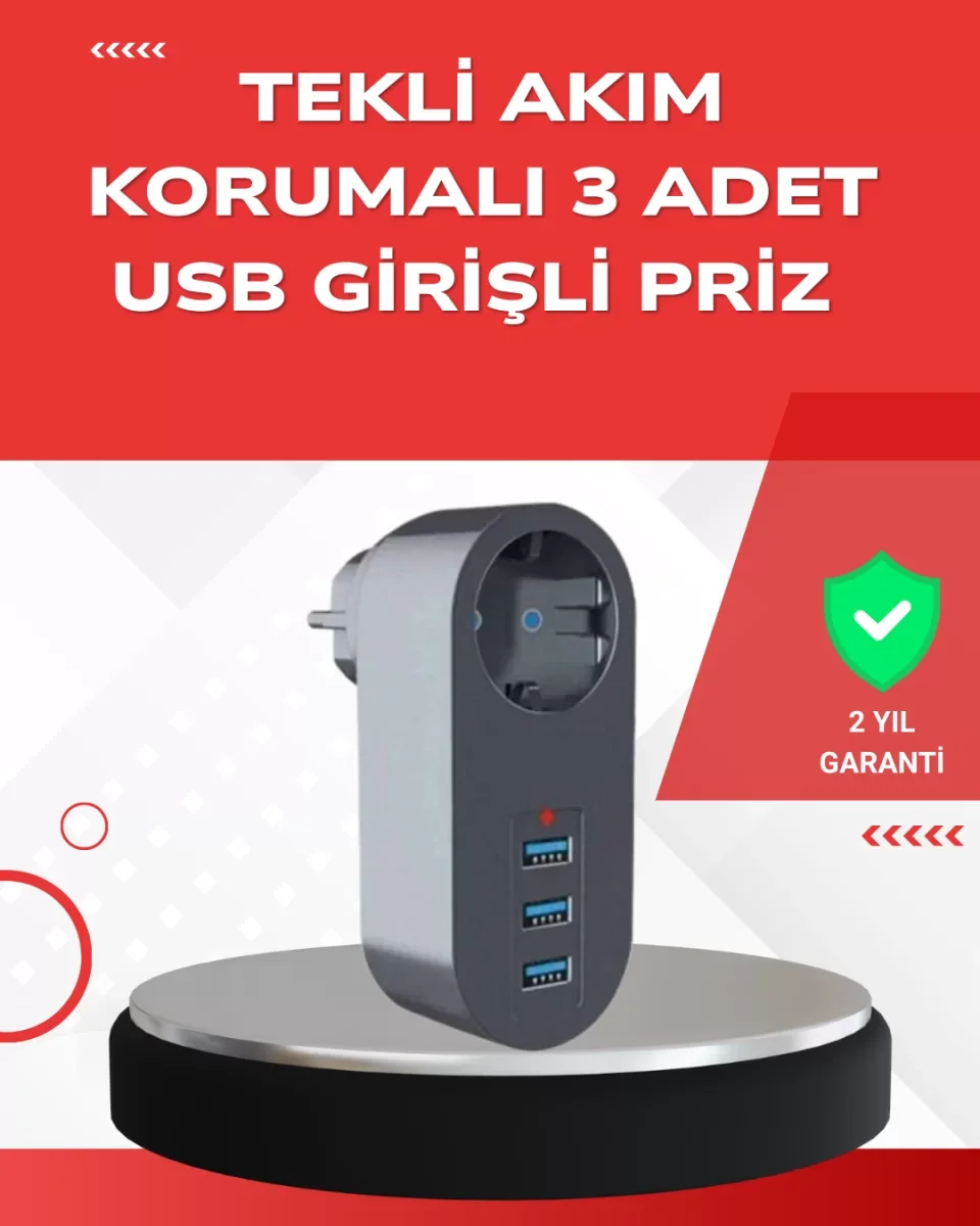 2500W Güç Destekli Akım Korumalı Priz – 3 USB Çıkışlı - Lisinya