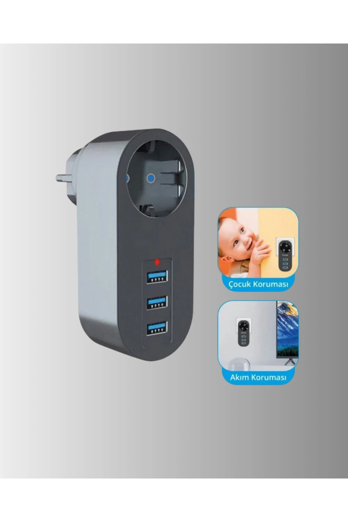 2500W Güç Destekli Akım Korumalı Priz – 3 USB Çıkışlı