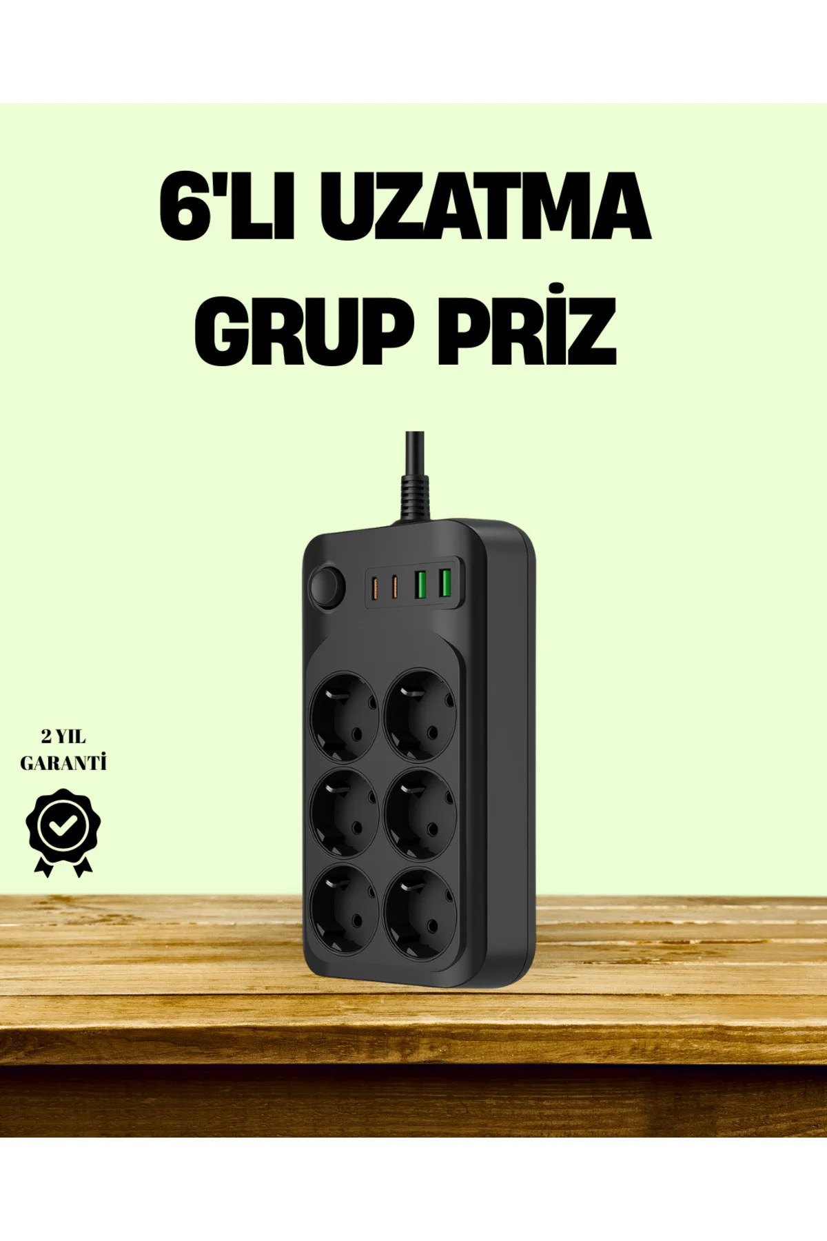 2500W Güçlü 6’lı Priz USB ve Type-C Çıkışlı Termal Korumalı