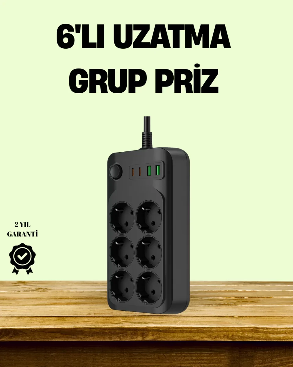 2500W Güçlü 6’lı Priz USB ve Type-C Çıkışlı Termal Korumalı - Lisinya