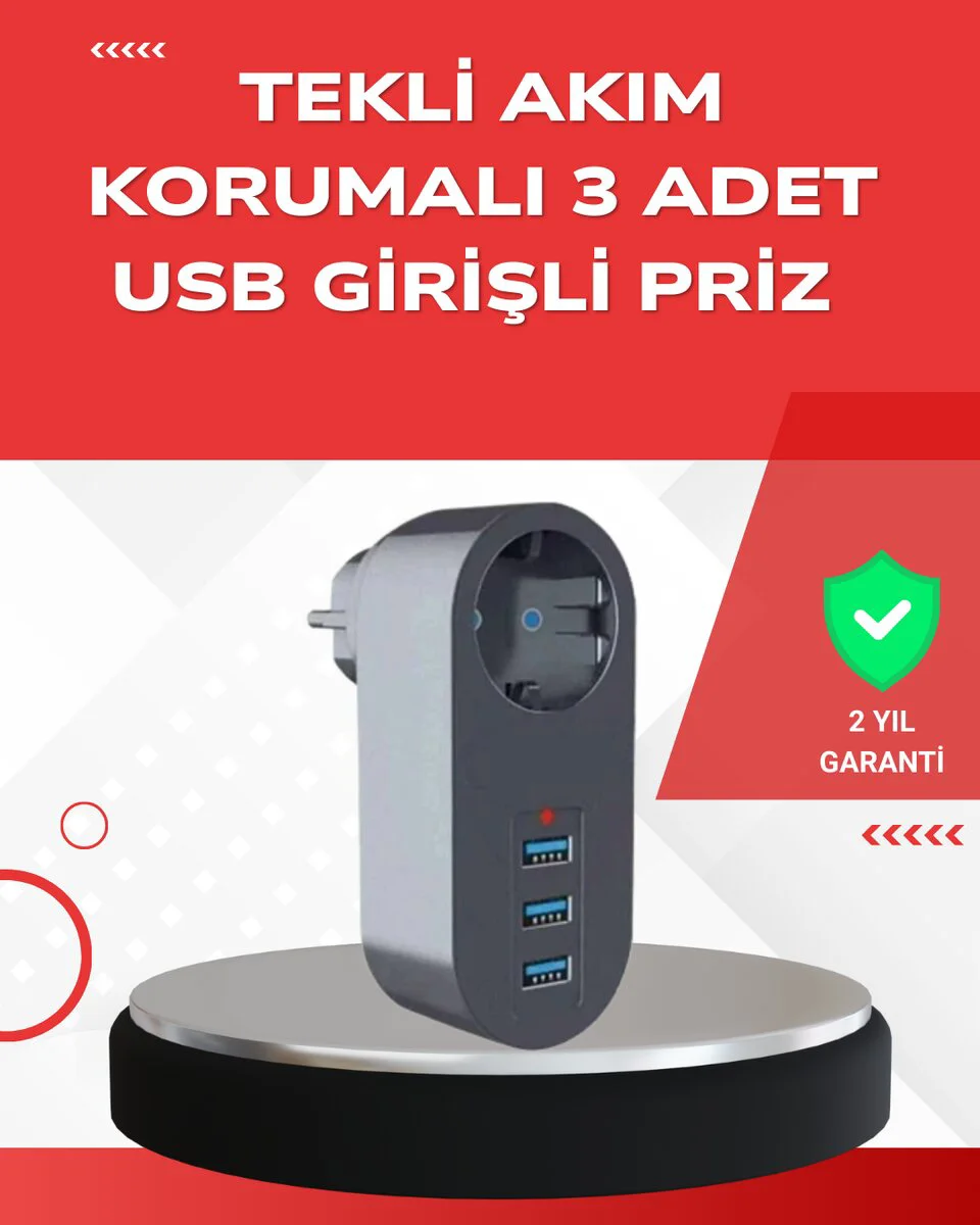 2500W Güçlü Akım Korumalı Priz – 3 USB Çıkışlı, Çok Amaçlı ve Güvenli