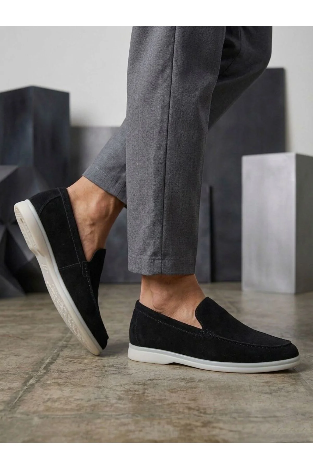 252 %100 İçi Dışı Hakiki Deri Erkek Siyah Süet Casual Loafer Termo Taban Ayakkabı