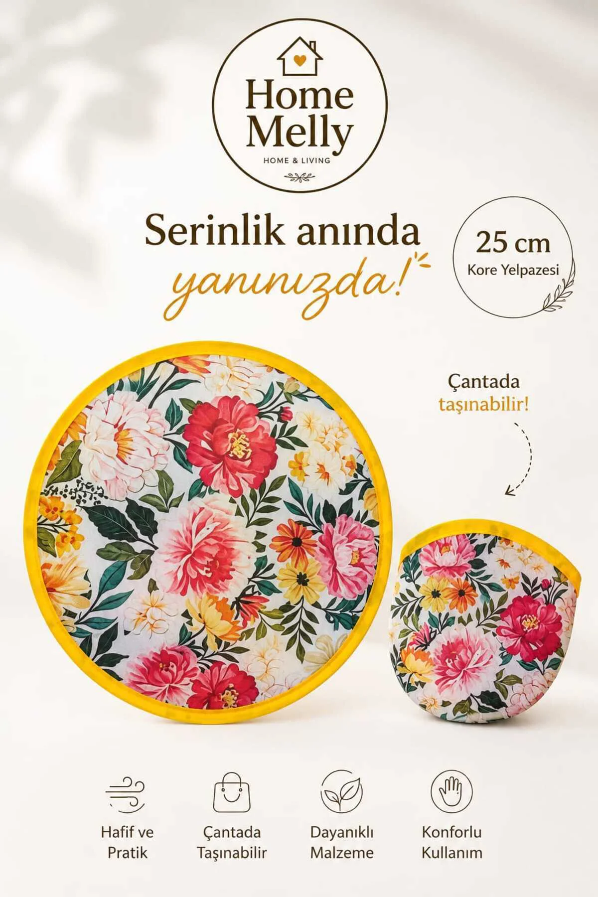 25cm Kore Yelpazesi, Katlanabilir - Çantada Taşınabilir Yuvarlak, Çantalı Yelpaze