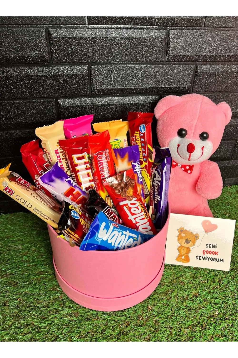 25cm Pembe Ayıcık ve Çikolata Kutusu Sevgiliye Ozel Hediyelik Çik