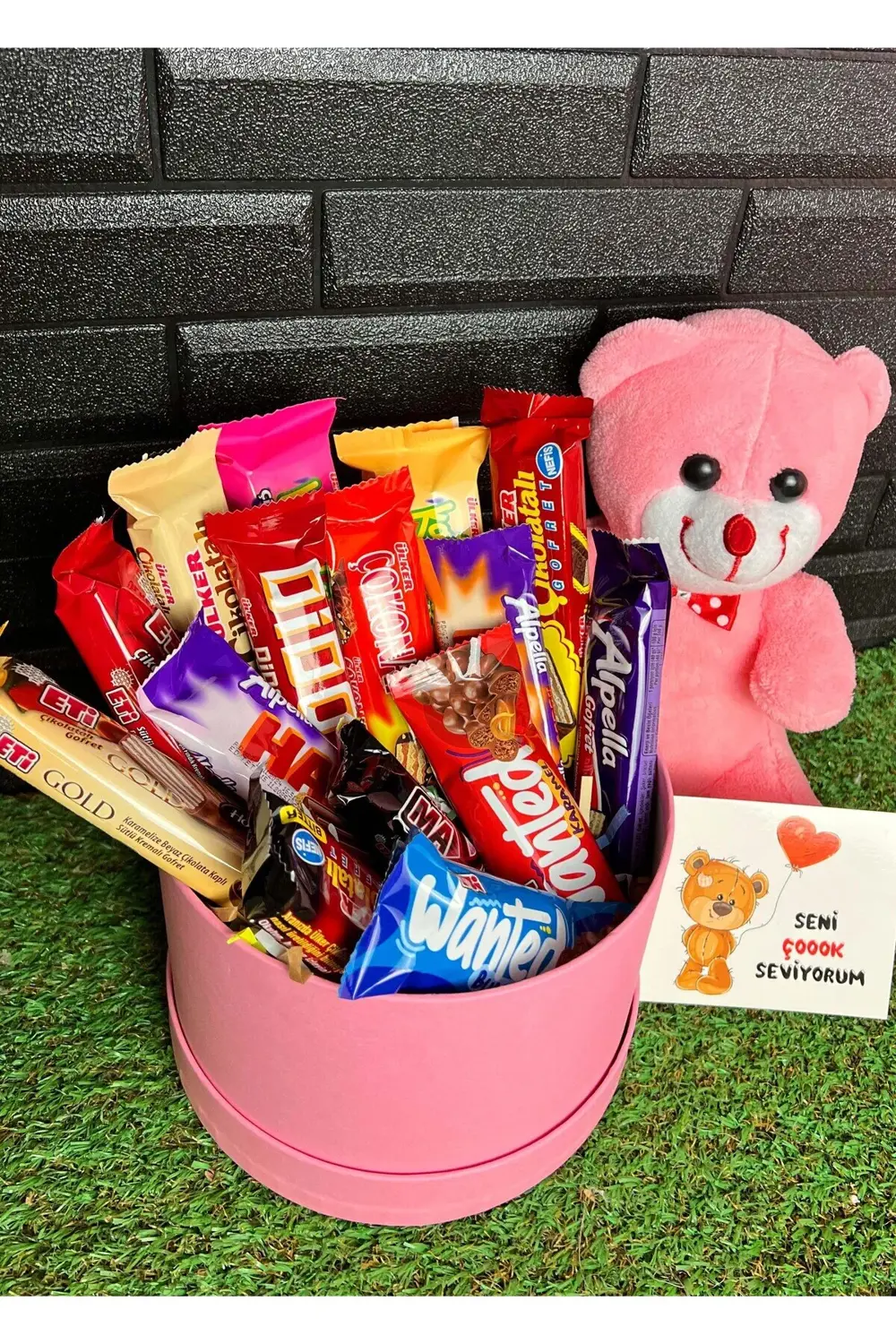 25cm Pembe Ayıcık ve Çikolata Kutusu Sevgiliye Ozel Hediyelik Çik