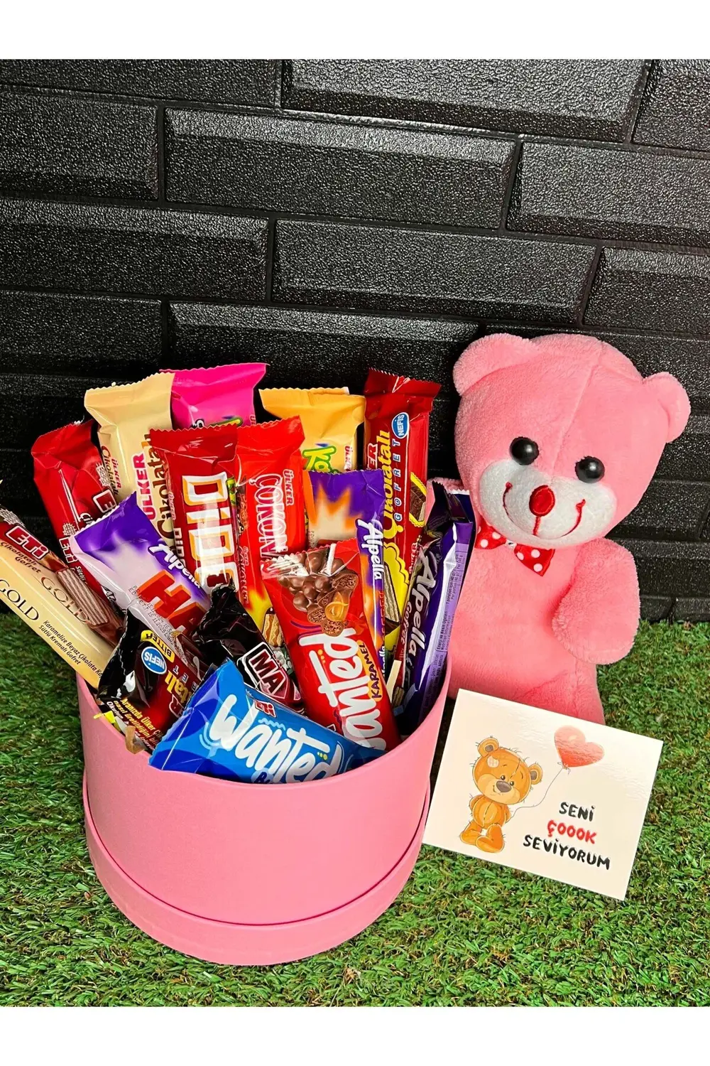 25cm Pembe Ayıcık ve Çikolata Kutusu Sevgiliye Ozel Hediyelik Çik