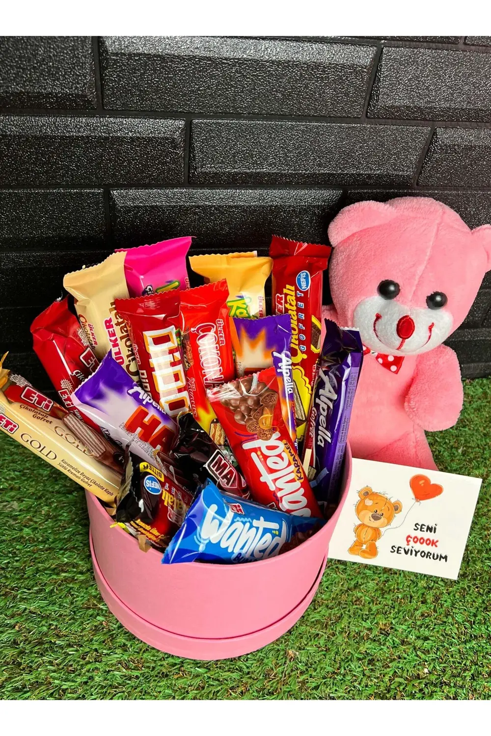 25cm Pembe Ayıcık ve Çikolata Kutusu Sevgiliye Ozel Hediyelik Çik