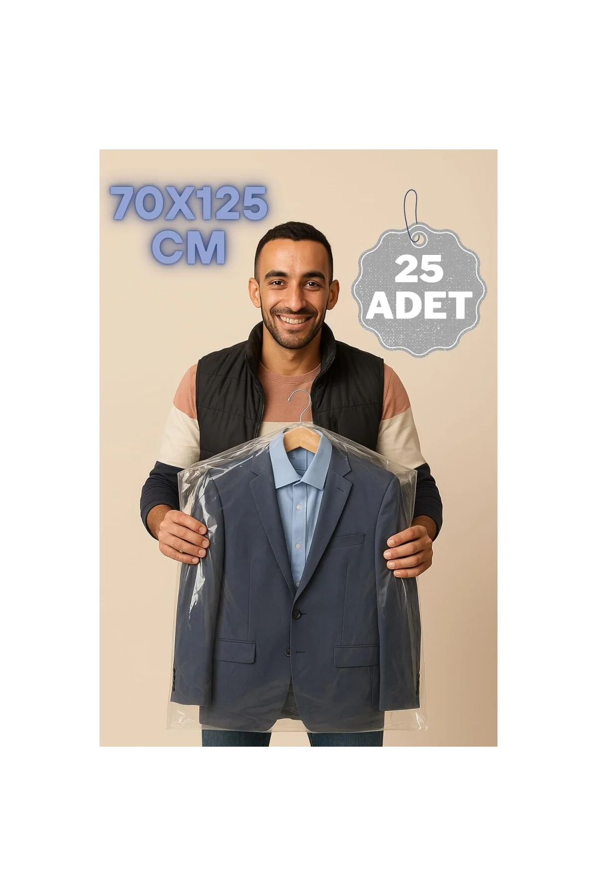 25'li Paket Askı Delikli Şeffaf Plastik Giysi Kılıfları 70x125 cm