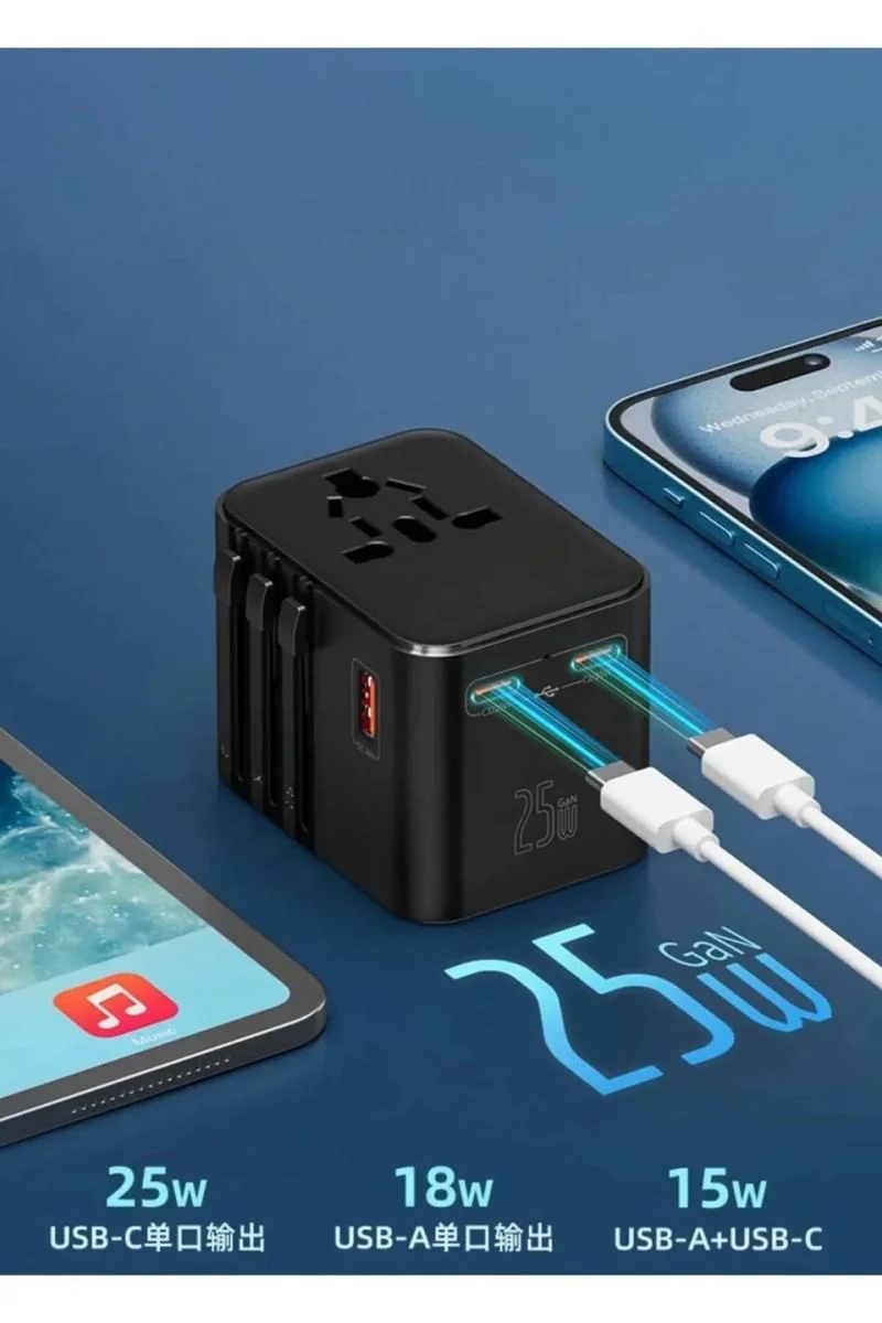 25W Evrensel Seyahat Adaptörü - EU/US/UK/AU Priz Dönüştürücü, 1x USB + 2x Type-C Hızlı Şarj, GaN Teknolojisi Fiyatı, Yorumları ve Özellikleri