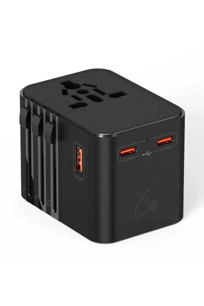 25W Evrensel Seyahat Adaptörü - EU/US/UK/AU Priz Dönüştürücü, 1x USB + 2x Type-C Hızlı Şarj, GaN Teknolojisi Fiyatı, Yorumları ve Özellikleri
