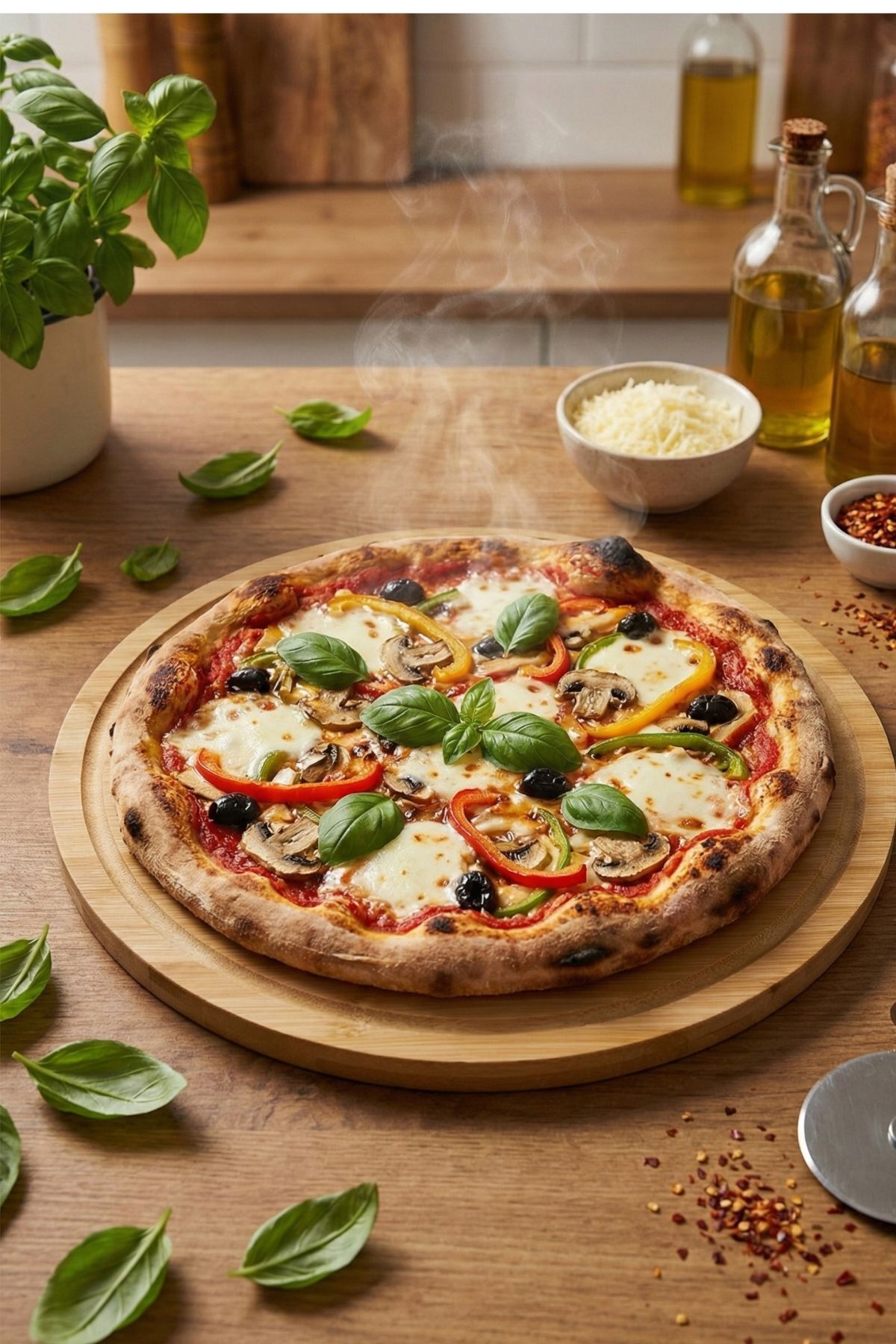 26 Cm Doğal Bambu Yuvarlak Kesme Tahtası, Sunum, Pizza ve Steak T