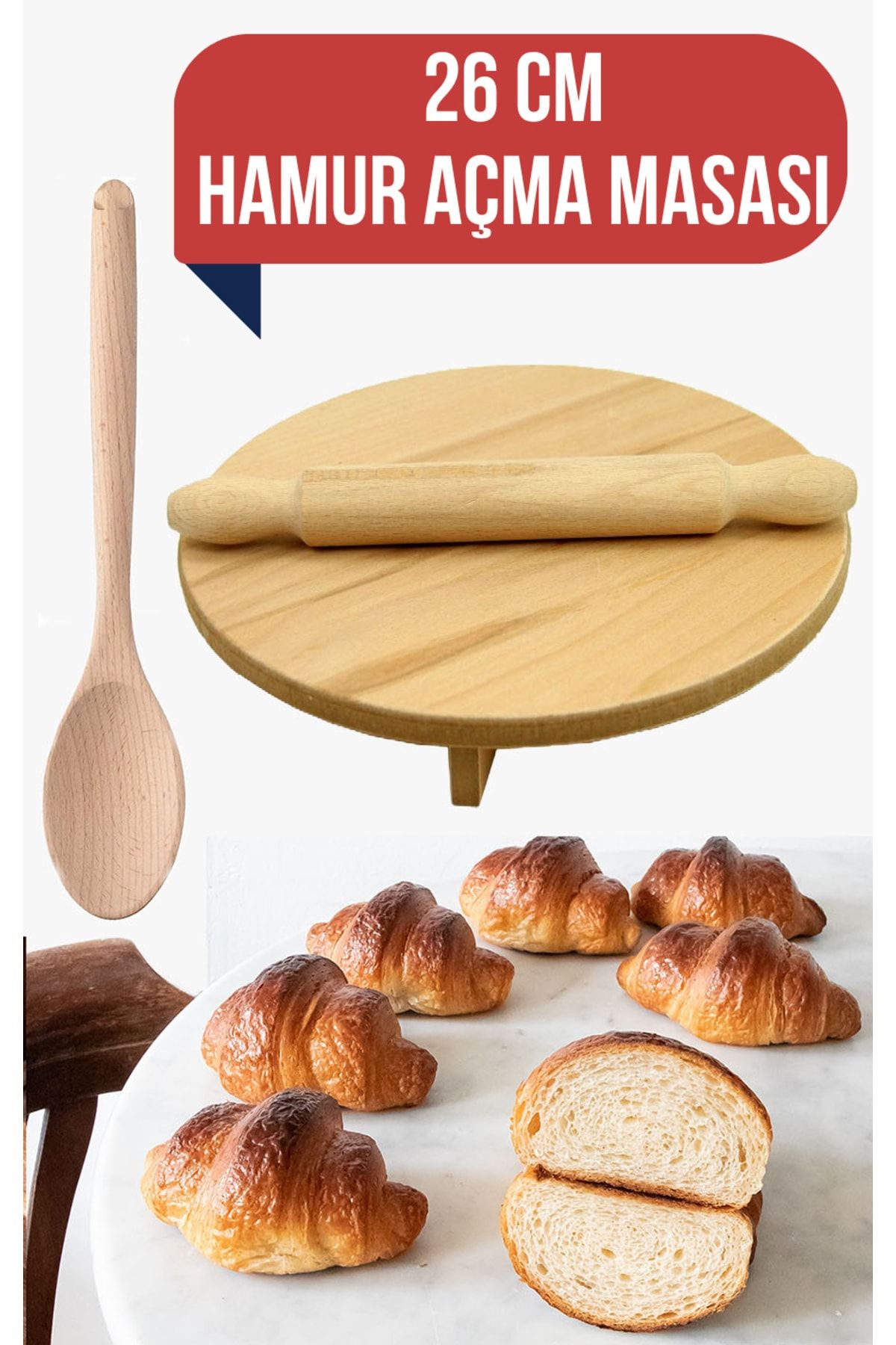 Homecare 26 Cm Midi Hamur Açma Masasi Ahşap Yemek Kaşiği