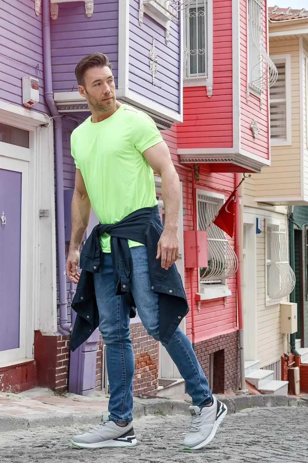 27440 Açık Gri Lacivert Neon Yeşil Erkek Günlük Rahat Yürüyüş Koş