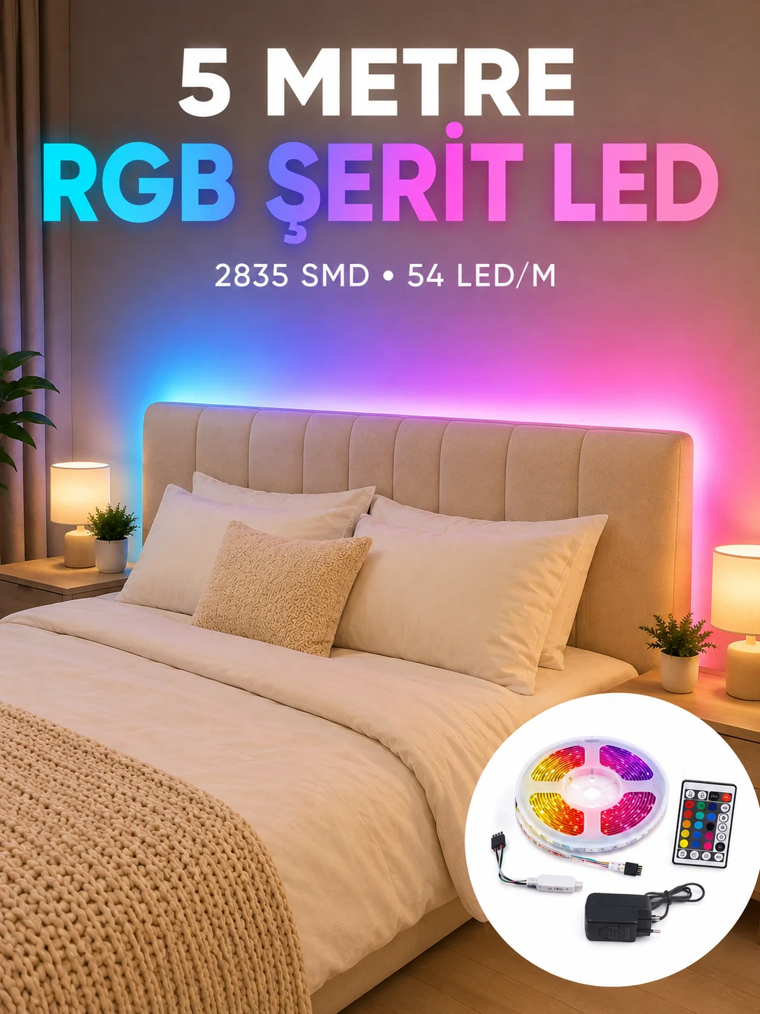 2835 RGB Şerit LED 5 Metre 54 LED/M Uzaktan Kumandalı Renkli Dekorasyon Işığı 2835 RGB Şerit LED 5 Metre 54 LED/M Uzaktan Kumandalı Renkli Dekorasyon Işığı