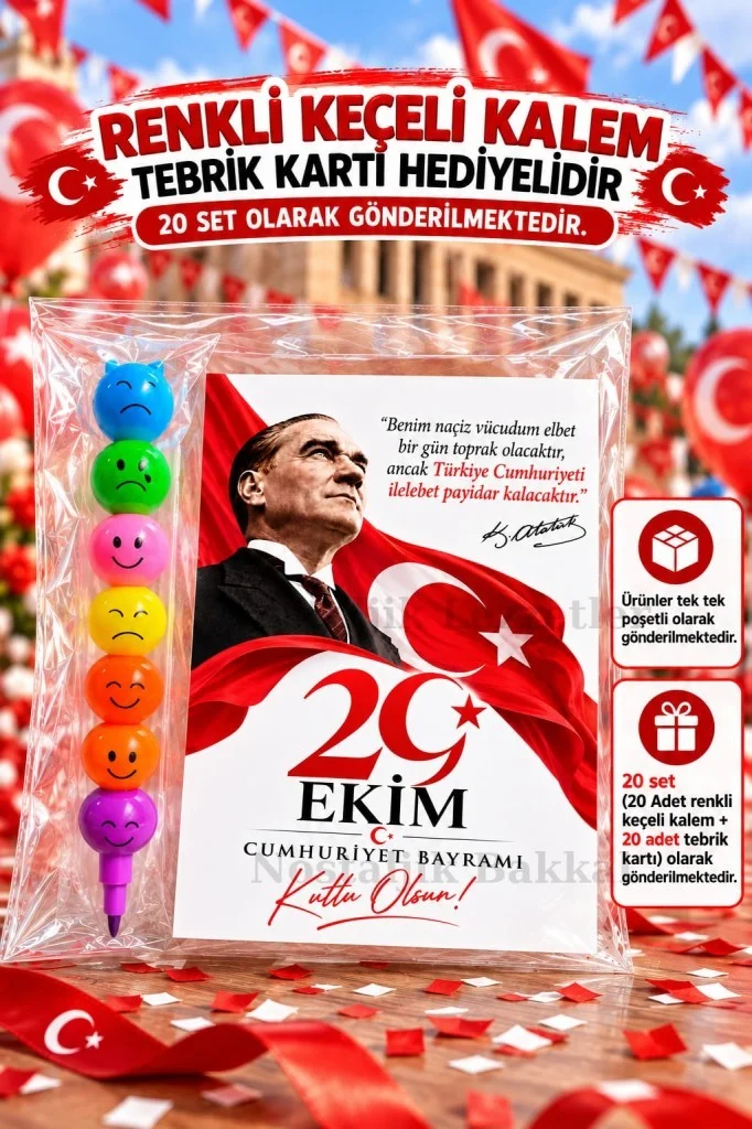 29 Ekim Cumhuriyet Bayramı 20 Adet Renkli Keçeli Kalem Tebrik Kartı Hediye Seti