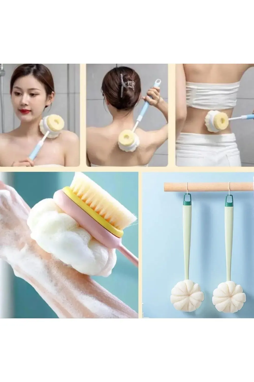 2'si 1 Arada Çift Taraflı Uzun Saplı Fırçalı Banyo Vücut Sır