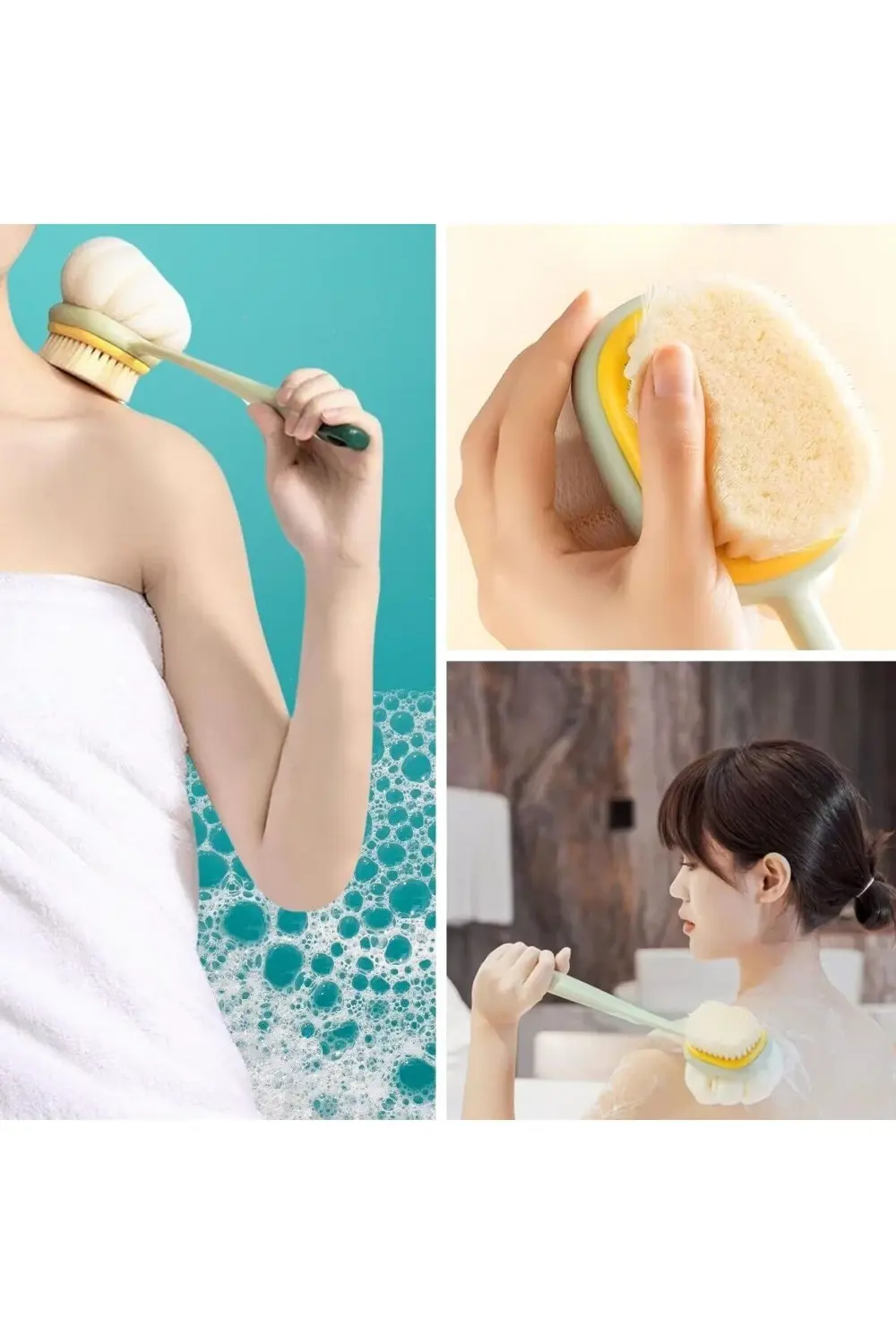 2'si 1 Arada Çift Taraflı Uzun Saplı Fırçalı Banyo Vücut Sır