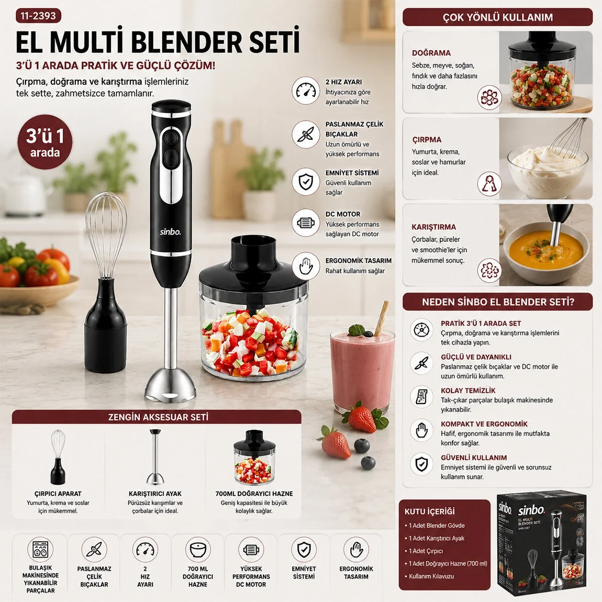 2hız Ayar - Paslanmaz Çelik Bıçak El Multi Blender Seti 700ml Hazneli Shb-7529 Bx40 Fiyatı, Yorumları ve Özellikleri