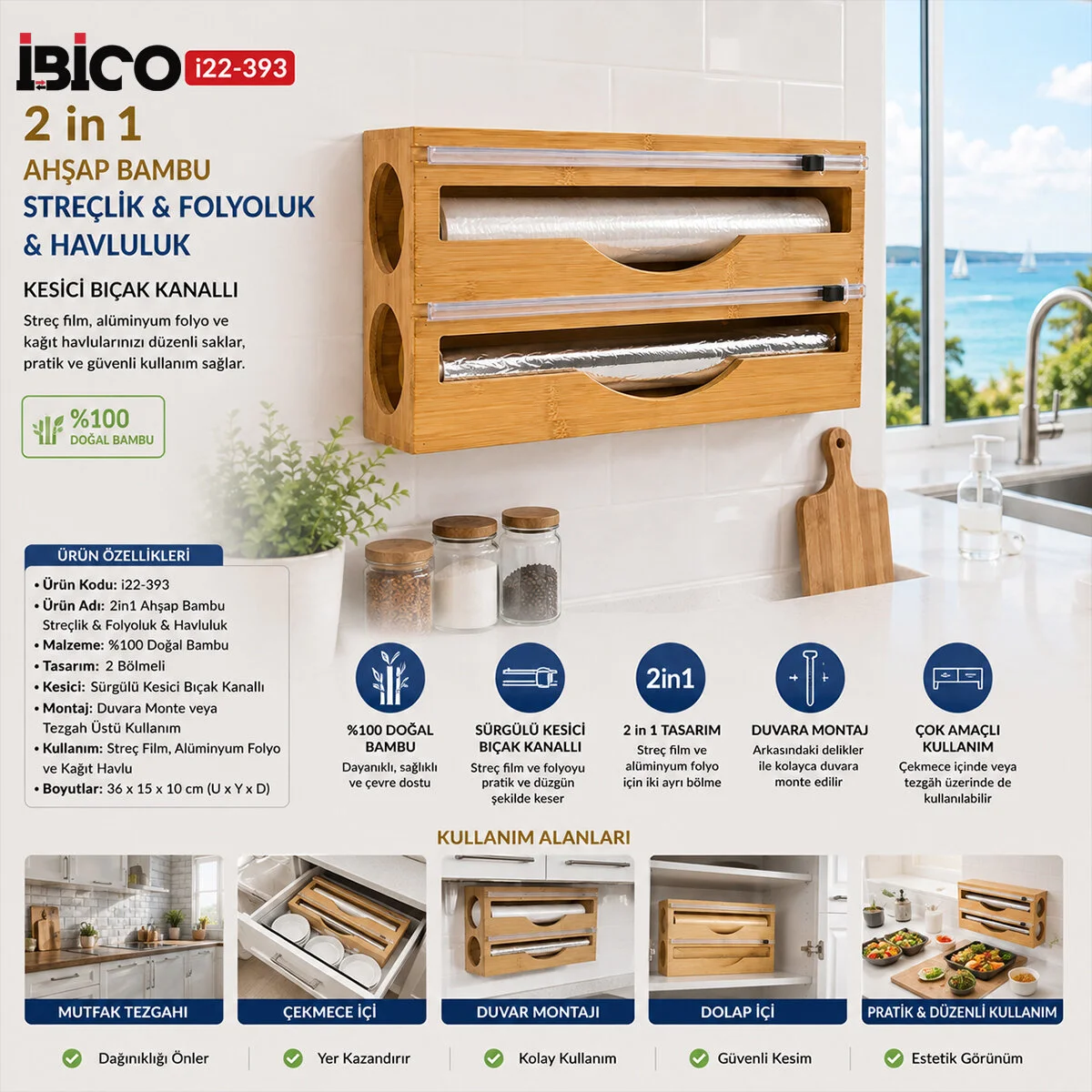 2IN1 Ahşap Bambu Streçlik - Folyoluk - Havluluk Kesici Bıçak Kanallı 2IN1 Ahşap Bambu Streçlik - Folyoluk - Havluluk Kesici Bıçak Kanallı