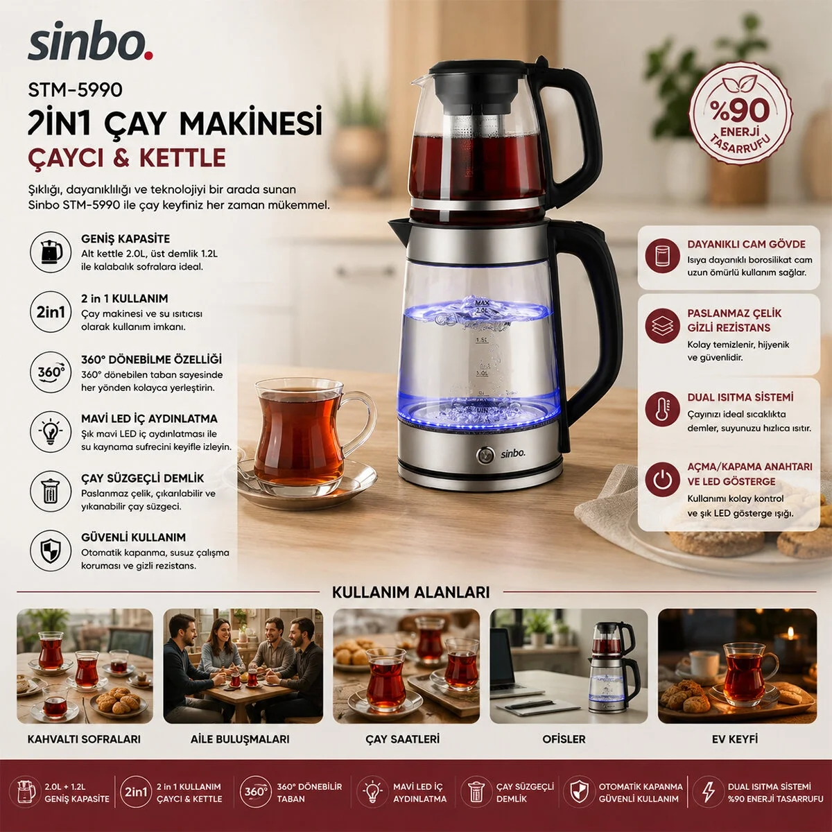 2in1= Çaycı - Kettle Çelik Elektrikli Çay Makinesi 2lt + 1,2lt Çay Süzgeçli 360° Dönebilir Stm-5990 Bx40 Fiyatı, Yorumları ve Özellikleri