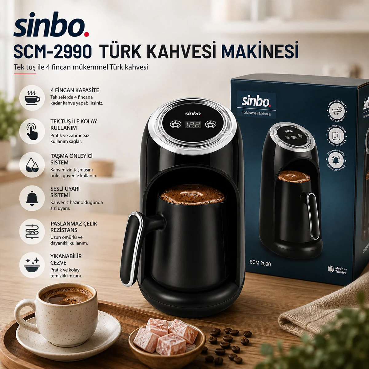 2İN1 Elektrikli Türk Kahve Makinesi 4 Fincan Sesli Uyarı - Taşma Önleyici Sistem SCM-2990 Fiyatı, Yorumları ve Özellikleri