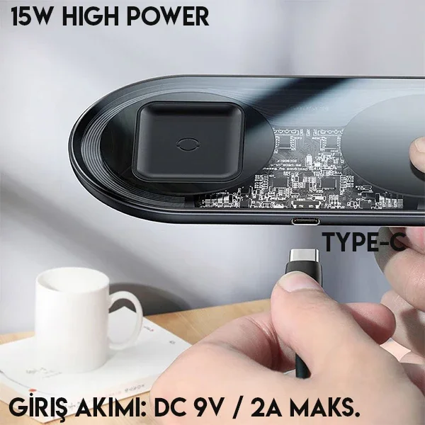 2in1 Kablosuz Şarj Standı 18W - iPhone ve AirPods Aynı Anda Hızlı Şarj (Siyah/Beyaz/Şeffaf)