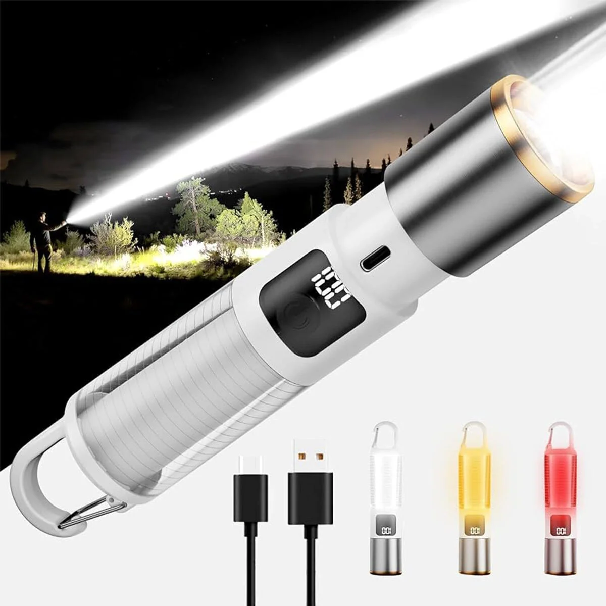 2in1 Kamp - Çok Amaçlı El Feneri Usb Şarjlı Zoom 6 Fonksiyon Işık=doğal - Renkli Askı Mandalı Şarj Göstergesi 005 Bx40
