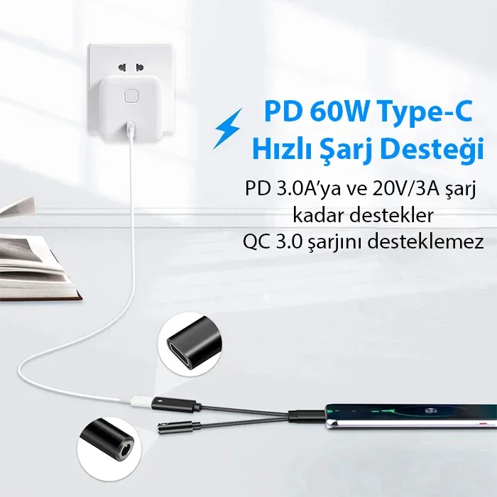2in1 Type-C Şarj + 3.5 mm Kulaklık Adaptörü iPhone 15 Uyumlu 60W PD Hızlı Şarj - Northcity