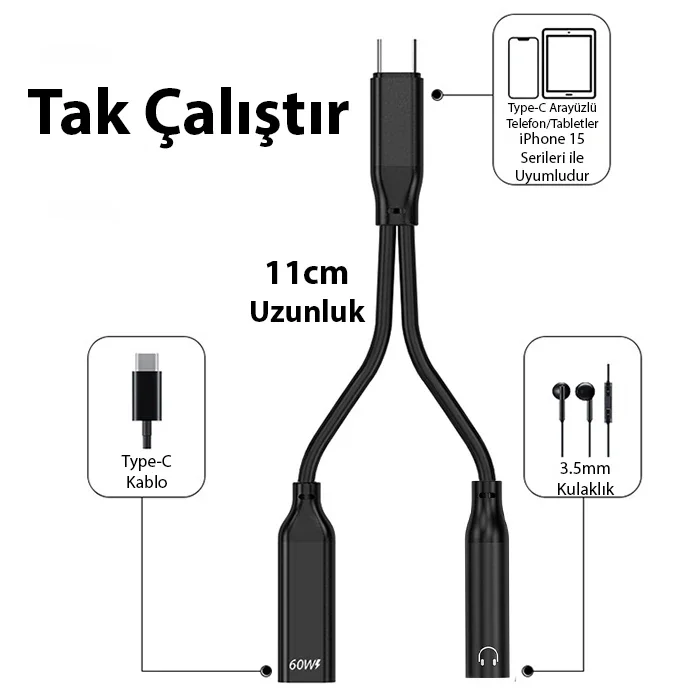 2in1 Type-C Şarj + 3.5 mm Kulaklık Adaptörü iPhone 15 Uyumlu 60W PD Hızlı Şarj - Northcity