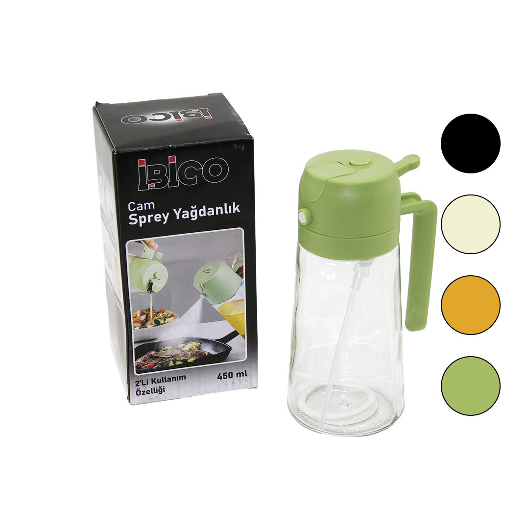 2İN1=SPREYLİ - AKITMALI CAM YAĞDANLIK 450ML KİLİTLİ KAPAKLI - SÜR