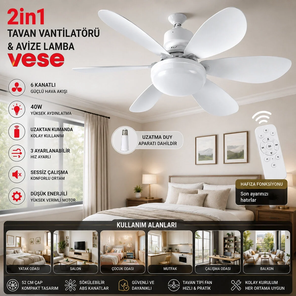 2in1=tavan Vantilatör - Avize Lamba 40w Kumandalı 6knat Vnt-005 Bx40 Fiyatı, Yorumları ve Özellikleri