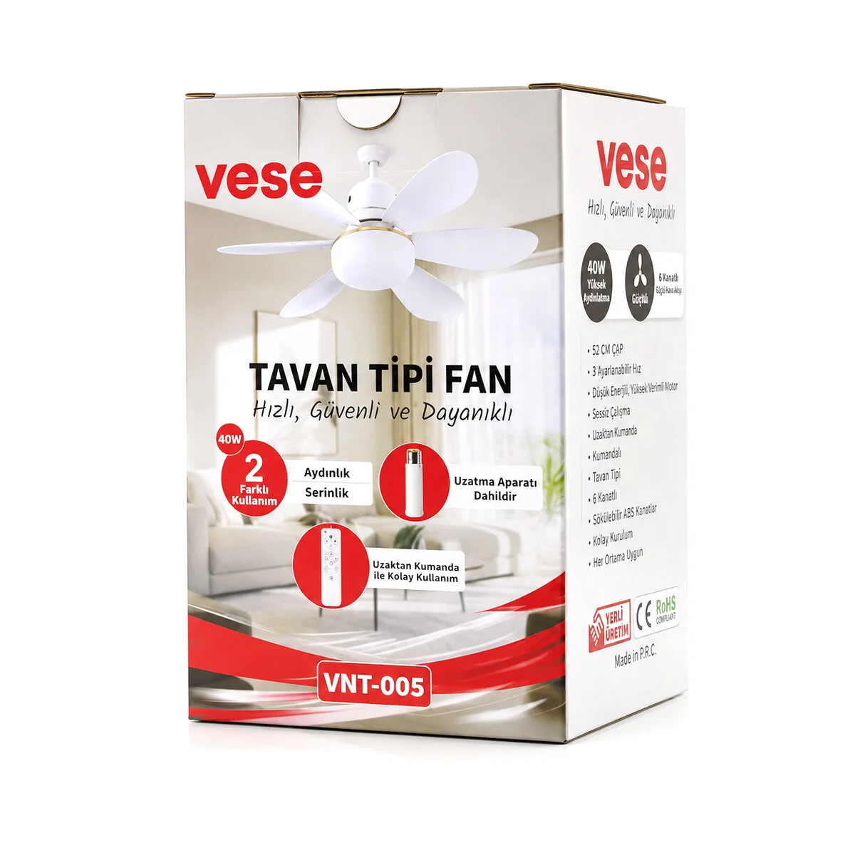 2İN1=TAVAN Vantilatör - Avize Lamba 40W Kumandalı 6KNAT VNT-005 Fiyatı, Yorumları ve Özellikleri