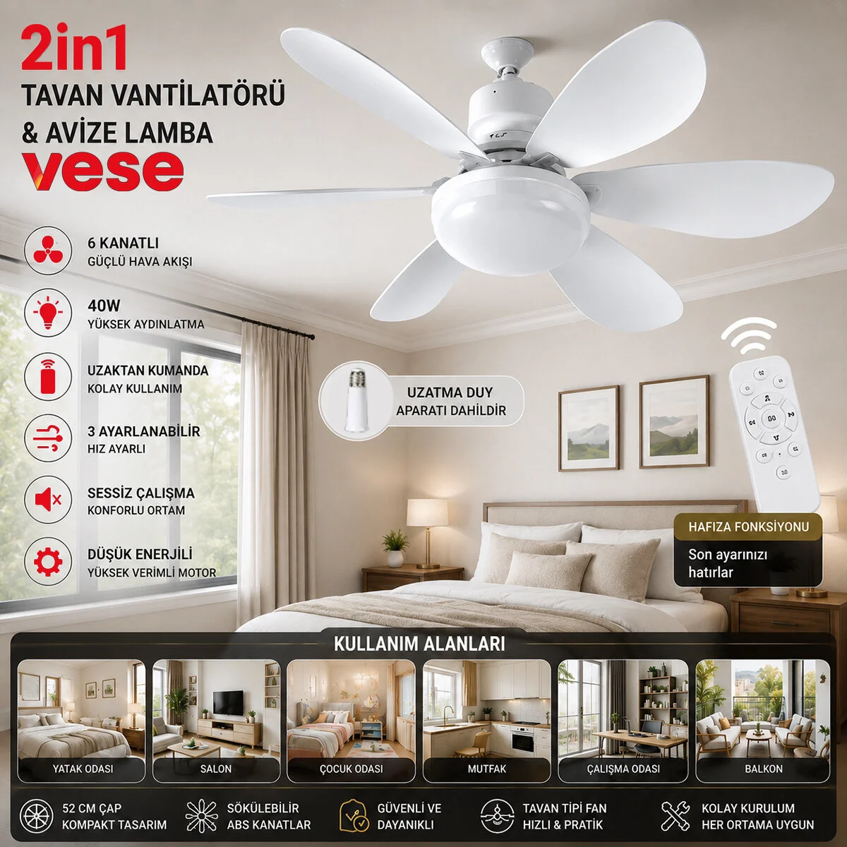 2İN1=TAVAN Vantilatör - Avize Lamba 40W Kumandalı 6KNAT VNT-005 Fiyatı, Yorumları ve Özellikleri