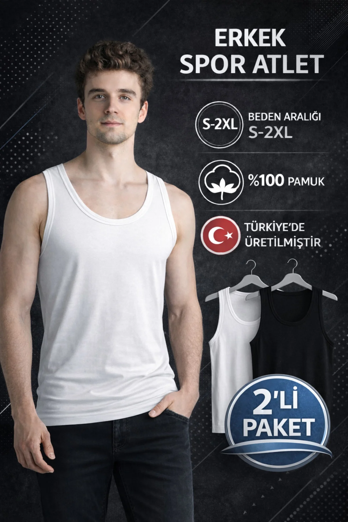 2'li %100 PAMUK SPOR KESİM RAMBO ATLET - SİYAH & BEYAZ