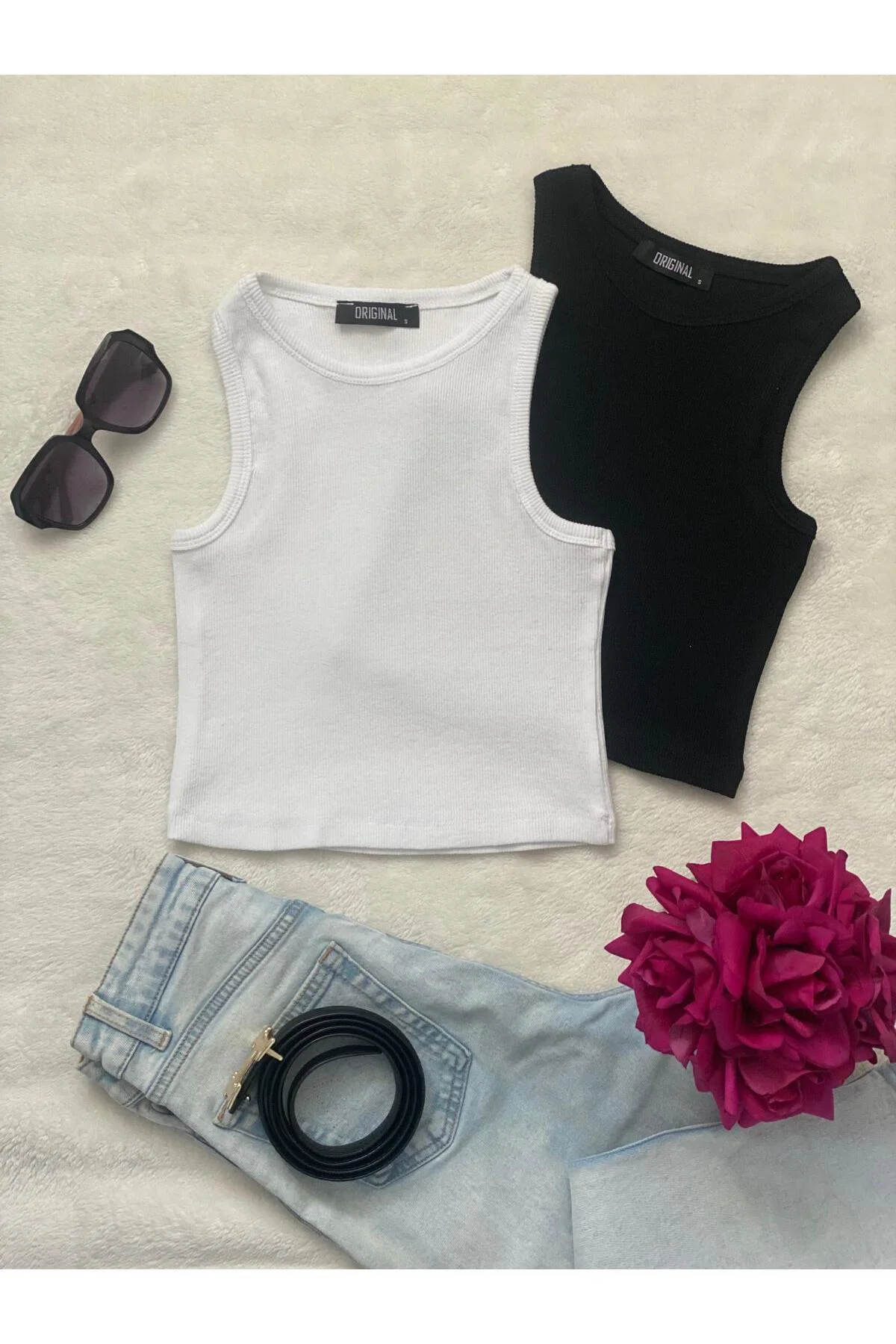 2'li Adet Kadın Halter Yaka Fitilli Askılı Sıfır Kol Crop Bluz